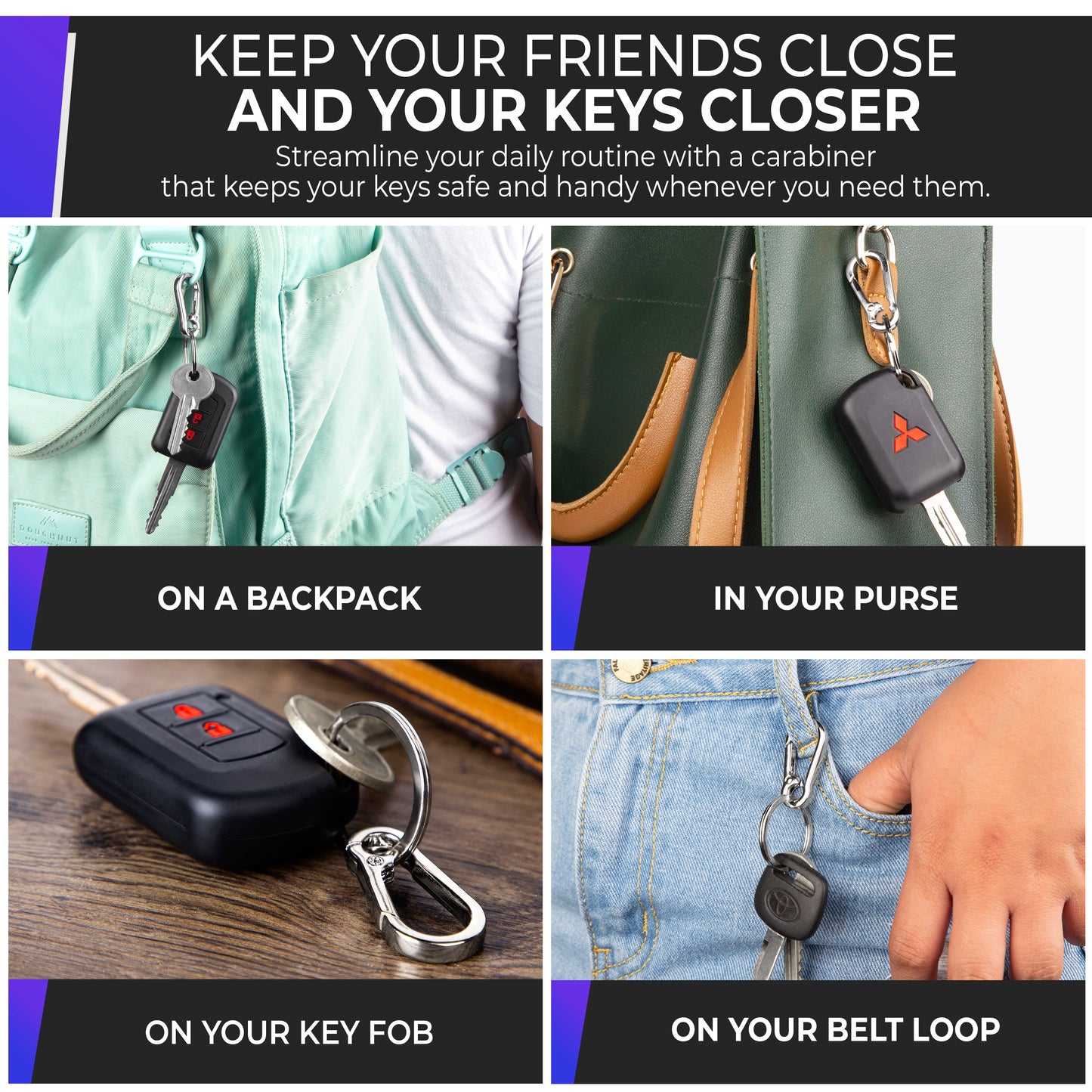 4 Piece Key Rings with small Carabiners